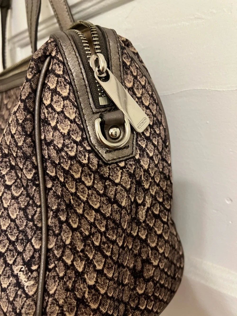 Coach Brown Textured Pattern hand bag with Silver Hardware